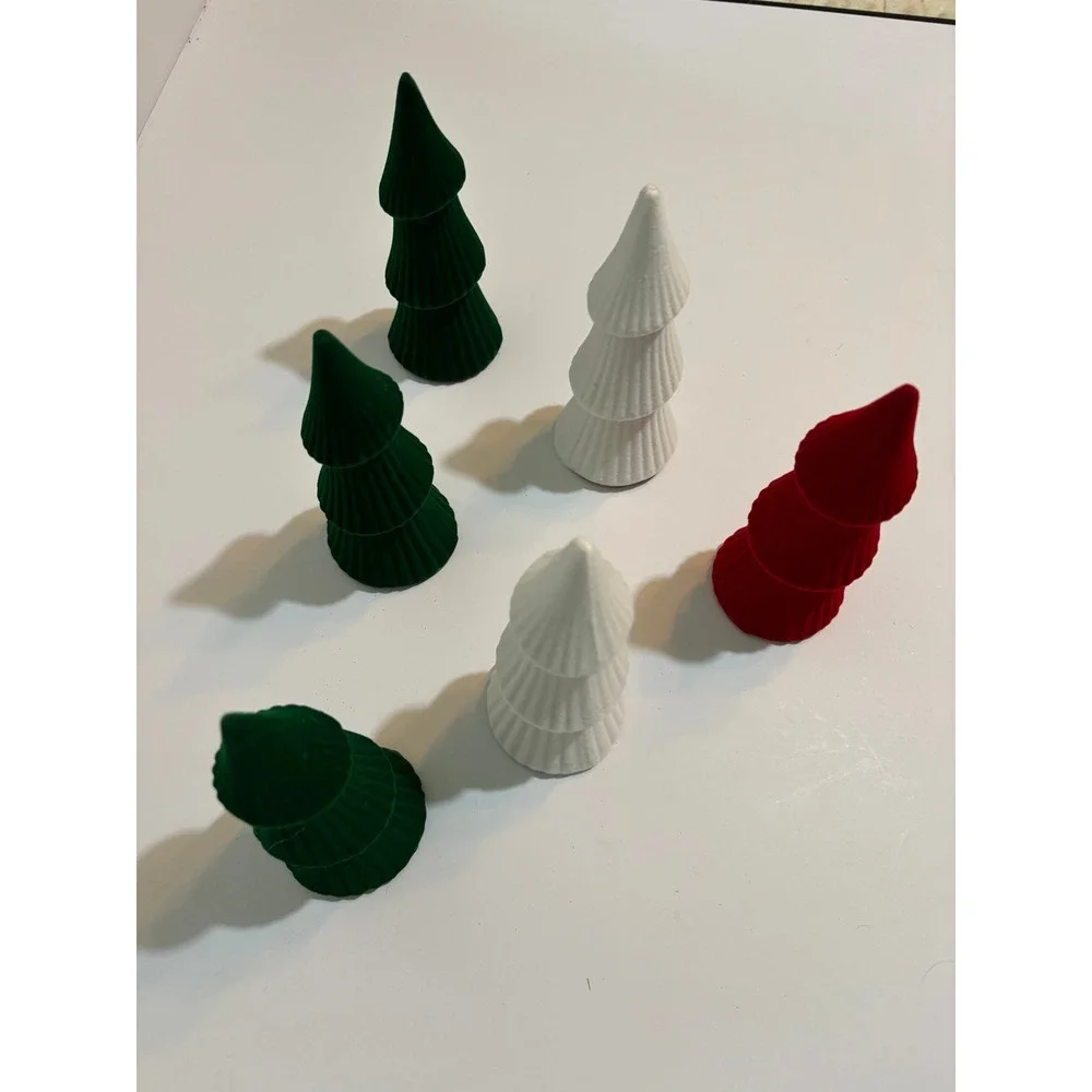 Set of 6 Flocked Xmas Trees Decorative Tabletop Holiday Decor Red White Green